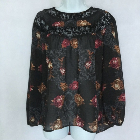 Knox Rose Black Lace Floral Boho Hi Low Bohemian Roses Blouse Top Women Size XS - Picture 13 of 13